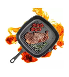 BBQ Grill Pan Ribbed Griddle Bottom Cast Iron Cookware Square