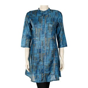 Women's Stylish Ethnic Mid Long Printed  Peacock Blue Kurtis